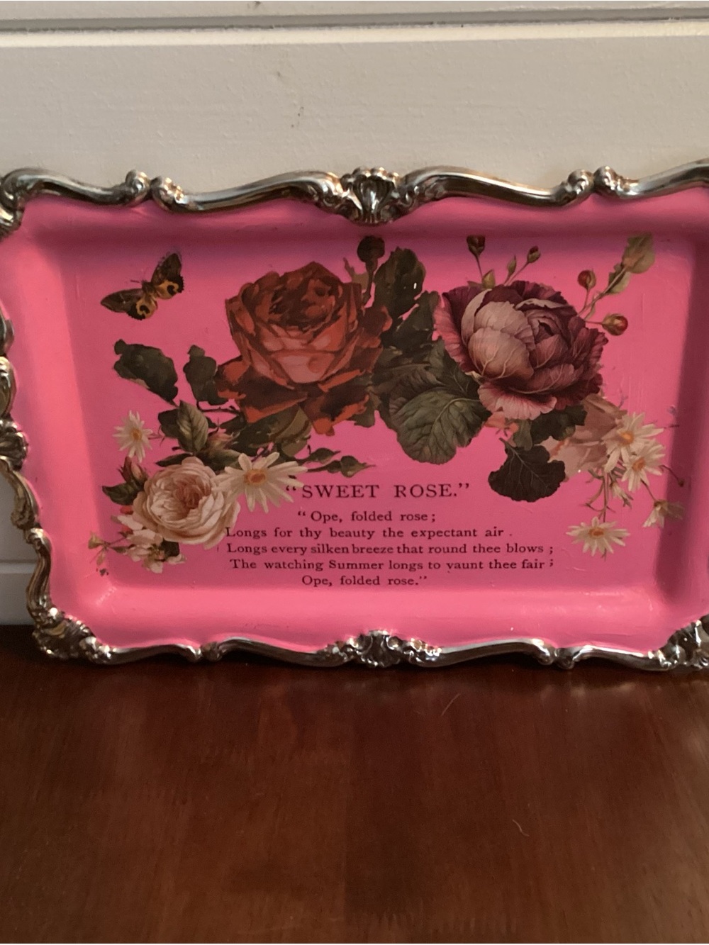 Pink Floral Decorative Tray with Silver Trim